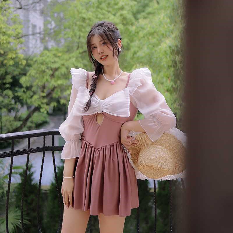 2022夏季新款胖妹大码裙式连体平角裤遮肚显瘦雪纺纱袖仙女范泳衣