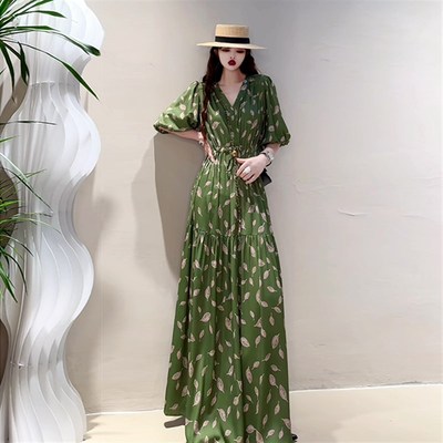 加长版及踝高个子收腰连衣裙法式气质大码微胖mm180斤显瘦长裙夏