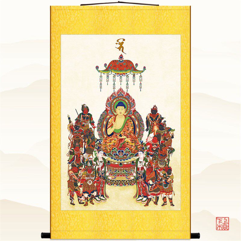 药师琉璃光如来 药师佛十二药叉月光菩萨卷轴画佛堂绢布挂画包邮