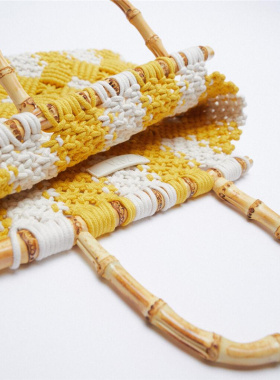 ZA女包2023春夏镂空编织包 竹子手拎包黄色草编花边手提购物包