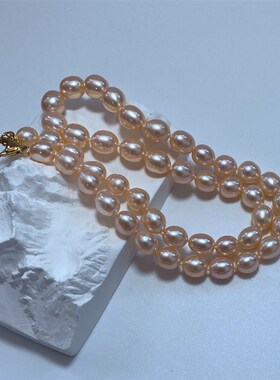 8-9mm天然粉色米形r淡水珍珠项链橘色橙色水滴形锁骨链女款妈妈链