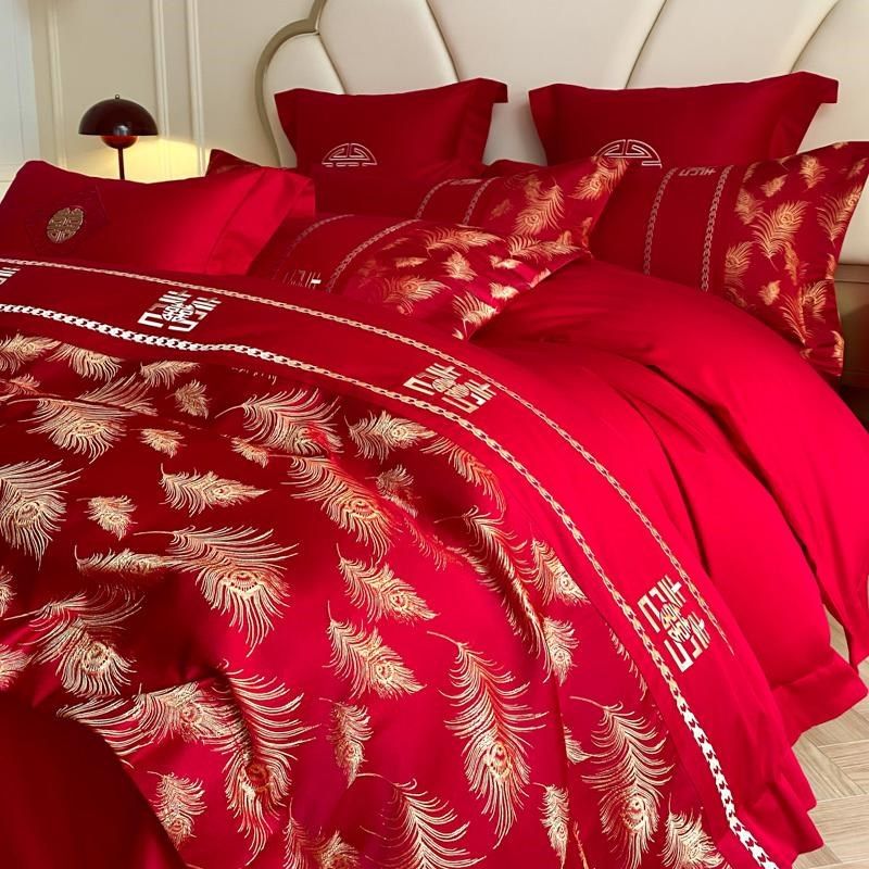 结婚喜庆床上用品四件套婚庆全棉床单被P套大红色新婚嫁房,床上用品,婚庆床品套件,淘宝优惠券,粉丝福利购,淘宝优惠卷