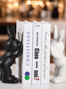 创意可爱兔书挡摆件酒柜卧室玄关书柜陶瓷桌面书立家居装饰品摆件