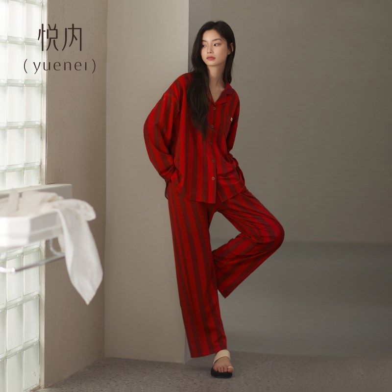 悦内睡衣女春秋季长袖家居服秋冬大红色本命年蛇年高级感条纹