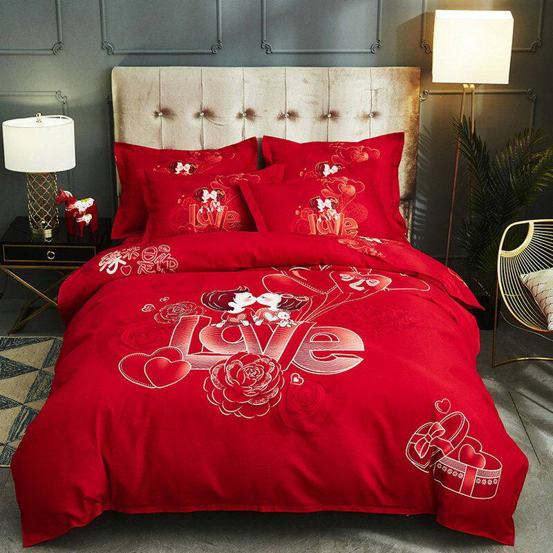结婚被套四件套喜被婚庆大红新婚红色床上用品婚礼纯棉床单床品