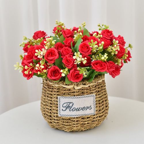 手工草编花篮客厅电视柜餐桌书房桌面装饰藤编花篮摆件仿真花套装