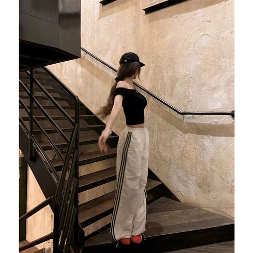 JMSHOP 高街sklay jennie穿搭宽松撞边直筒裤子女夏薄款运动休闲