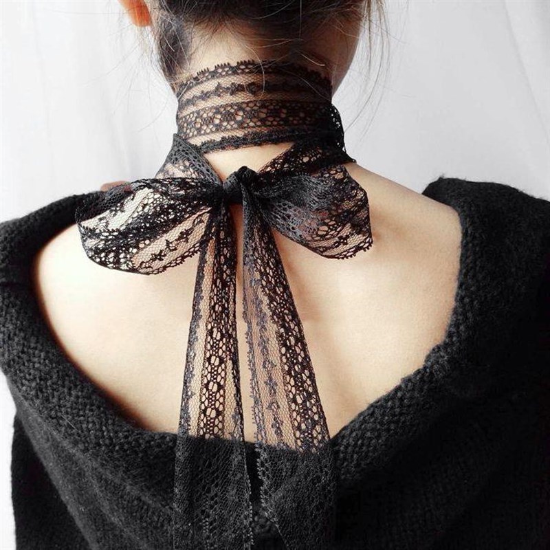 春夏季黑白色细长条蕾丝小丝巾装饰锁骨丝带百搭颈链式领巾女腰带