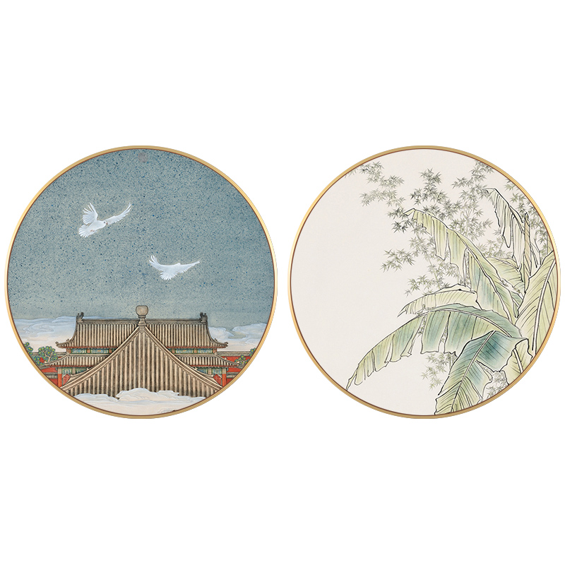 极速新中式客厅装饰画圆形建筑植物组合挂画大厅玄关餐厅沙发背景图片