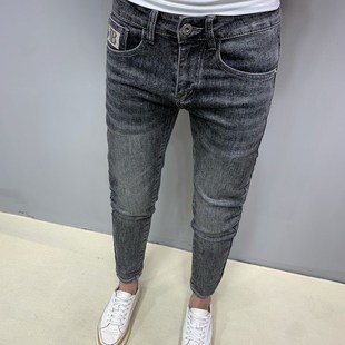 薄款 烟灰色时尚 修身 男士 裤 2024夏季 弹力休闲潮流新款 子 九分牛仔裤
