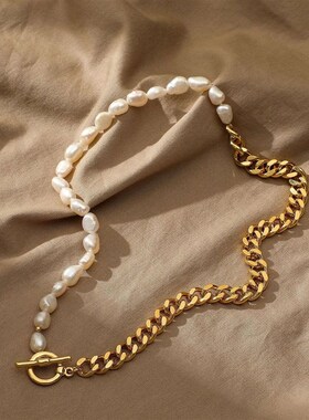 新品INS Necklace Half Cuban Half Freshwater Pearl Necklace 1