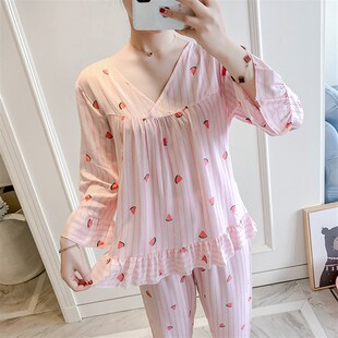 八分袖长裤纯棉绸睡衣女夏季超薄甜美可爱凉快绵绸春秋天套装夏天