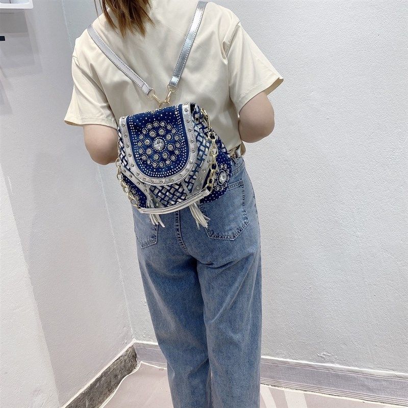 包包2024时尚女包牛仔包包女式双肩包编织带钻手提单肩包流苏包