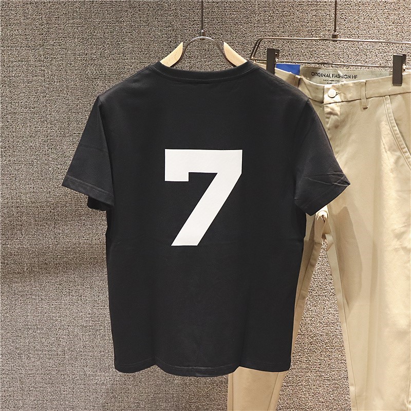 高品质夏季潮牌个性7号数字印花纯棉圆领短袖T恤男士宽松半袖上衣