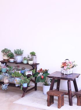 4H碳化防腐木h花架置物架 户外木质三层花盆架阳台多层实木阶梯花