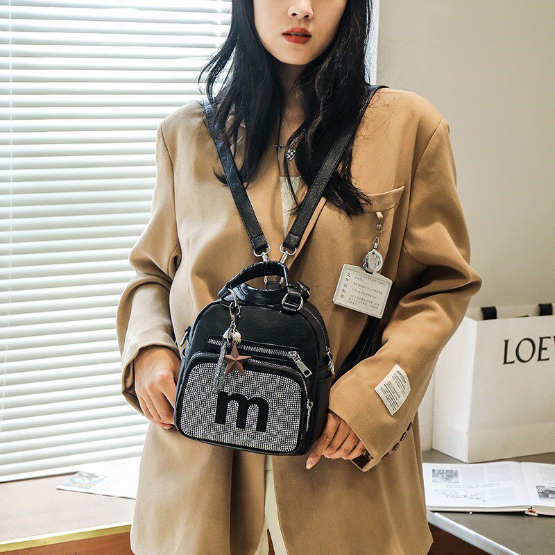 网红时尚烫钻多功能双肩包可斜挎超火的小背包女式百搭小型手提包