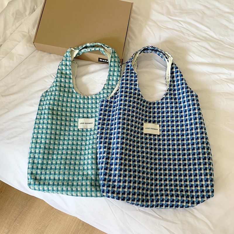 佑木包袋清爽湖蓝色背心包格纹编织敞口手提单肩包学生上课布袋女