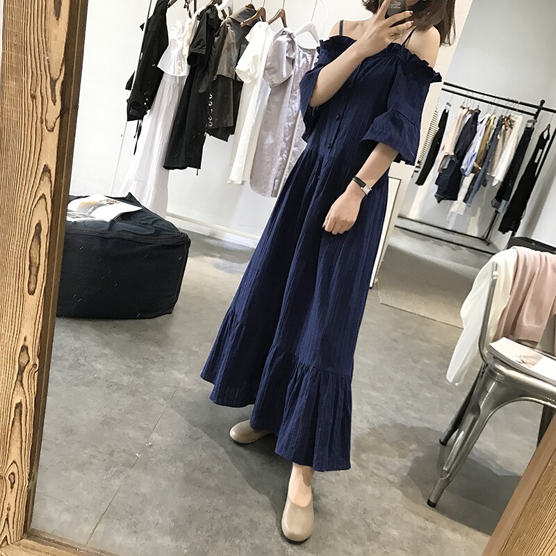 孕妇夏装长款长裙一字领露肩夏季甜美连衣裙半袖哺乳吊带裙子棉