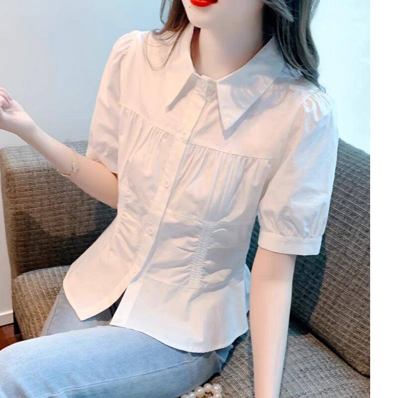 白色衬衫女短袖夏季2024新款韩版修身气质设计感小众遮肚显瘦上衣