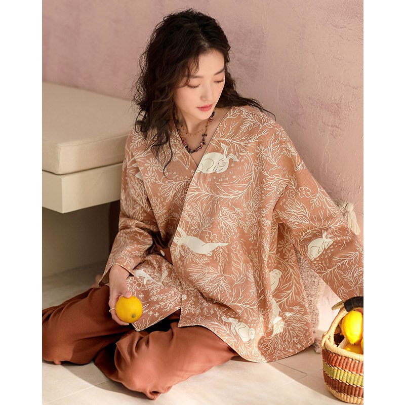 睡衣女春秋款柔软长袖甜美日式和服月子开衫家居服高级感套装