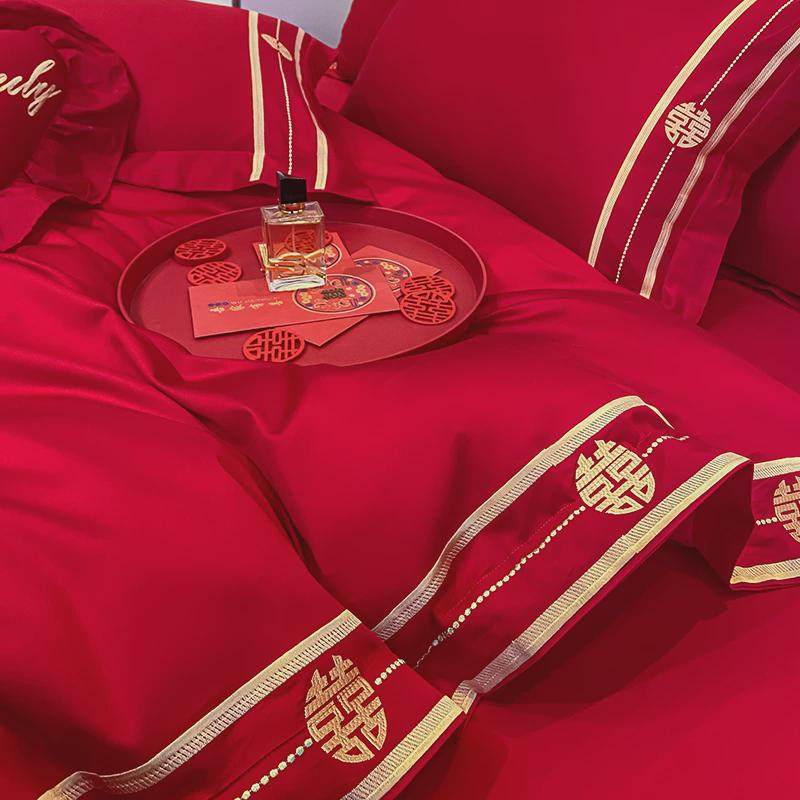 新中式纯棉婚庆四件套大红色结婚全棉刺绣床上用品婚床上用品喜被,床上用品,婚庆床品套件,淘宝优惠券,粉丝福利购,淘宝优惠卷