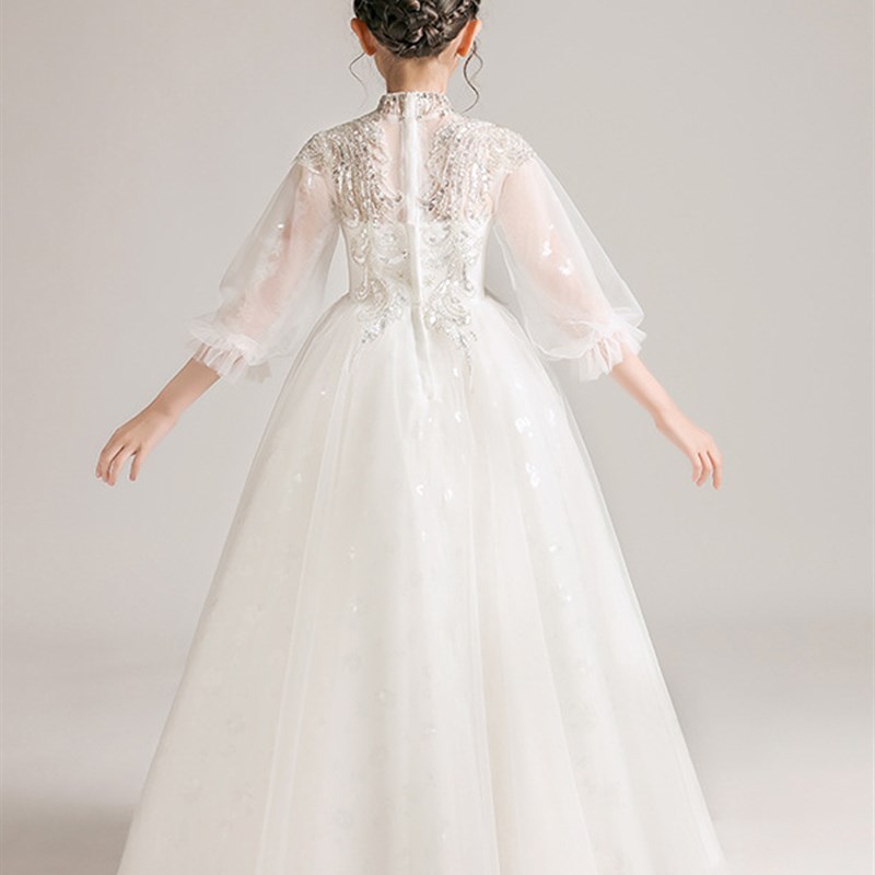 儿童礼服公主裙白色纱裙钢琴演奏女童走秀生O日蓬蓬裙花童婚纱裙