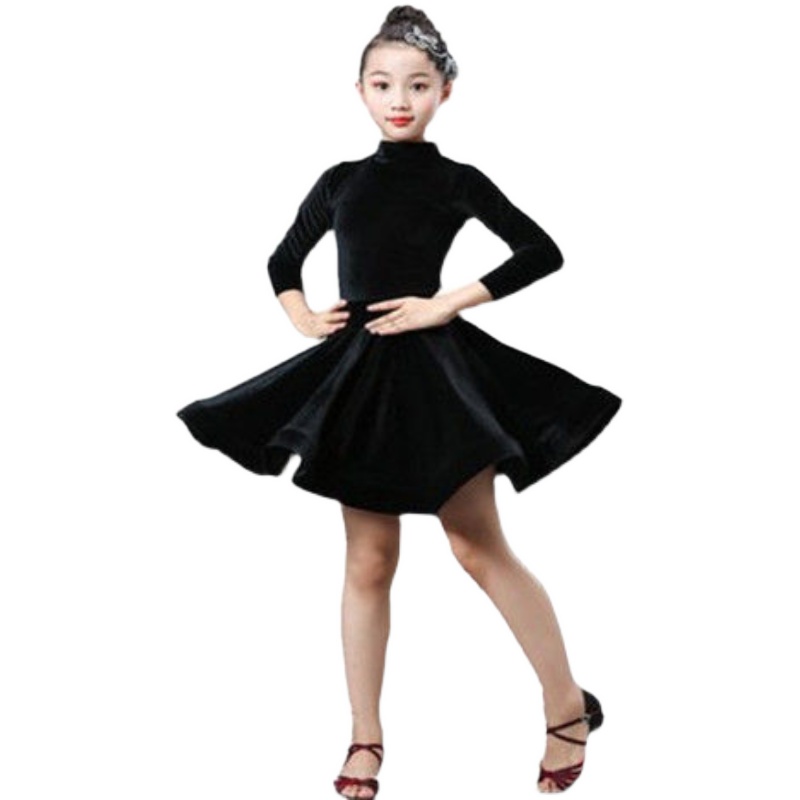 拉丁舞服装儿童练功服女童拉丁舞裙长袖丝绒舞蹈服少儿表演服秋冬
