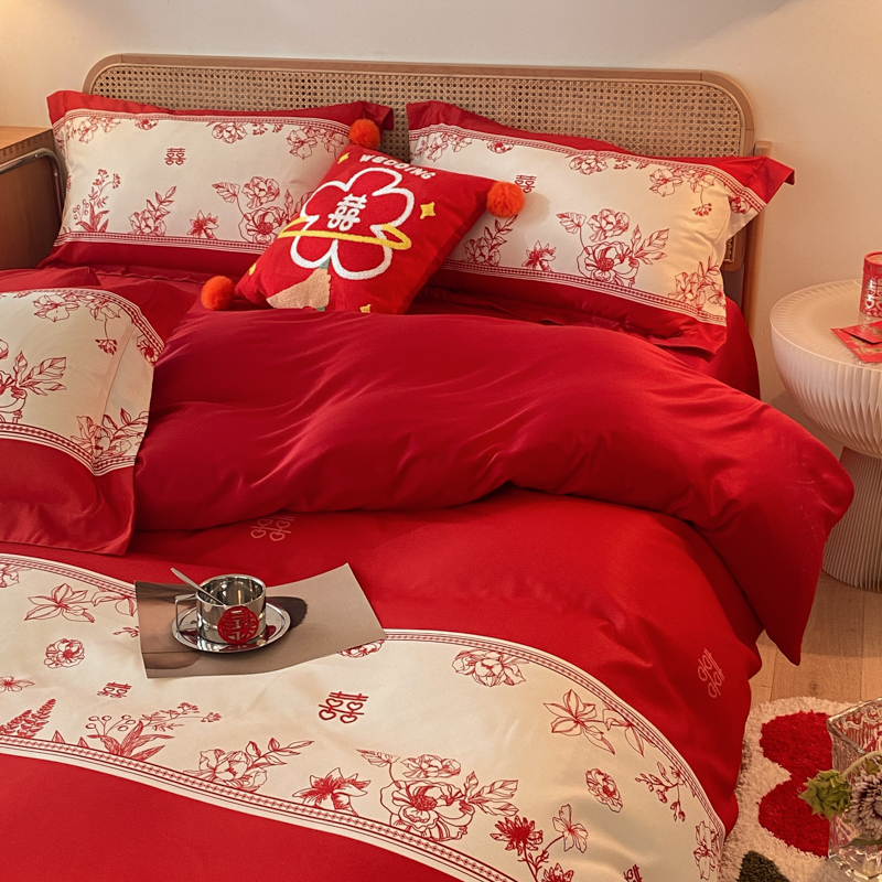 高档简约婚庆四件套大红床单婚房陪嫁被套高级感结婚喜被床上用品