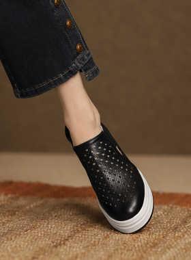 9cm真皮坡跟扣带凉鞋女包头2023春夏镂空百搭松糕厚底内增高女鞋