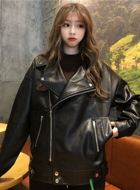 秋冬韩版机车翻领PU皮衣宽松学生百搭夹克开衫短外套女2021新款潮