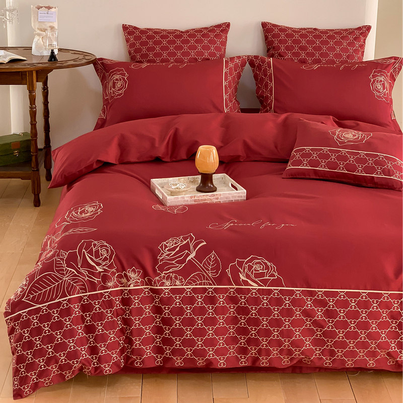 100支大红婚庆长绒棉四件套玫瑰刺绣结婚喜庆床单被套床上用品,床上用品,婚庆床品套件,淘宝优惠券,粉丝福利购,淘宝优惠卷