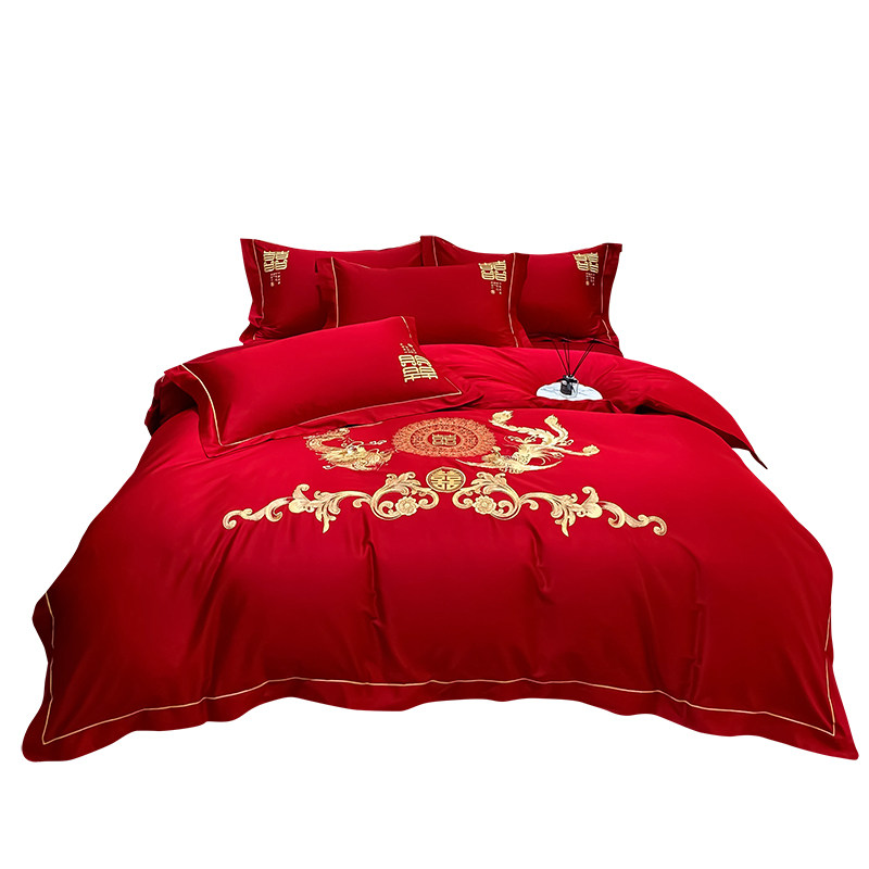 简约60支长绒棉新婚庆四件套全棉床单被套大红色结婚床上用品,床上用品,婚庆床品套件,淘宝优惠券,粉丝福利购,淘宝优惠卷