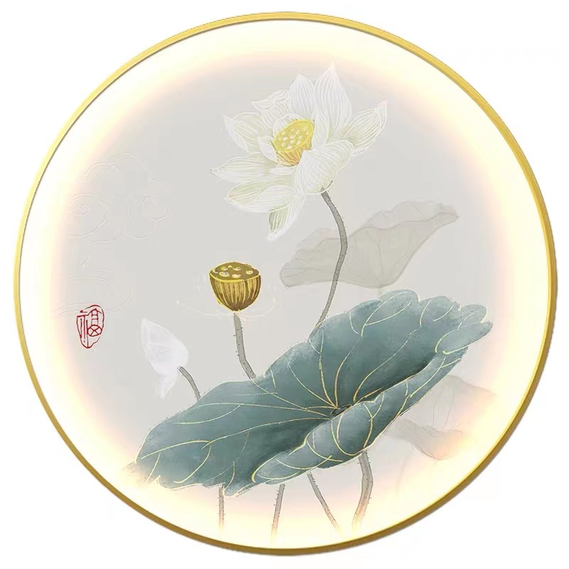 速发新中式花卉圆形灯画玄关书房背景装饰画茶室水墨风景意境荷花图片