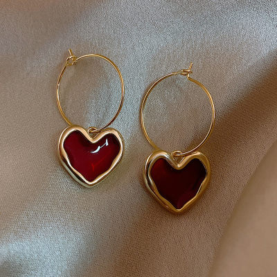 速发Korea 2021 new ndy wine red love earrings simple tempera