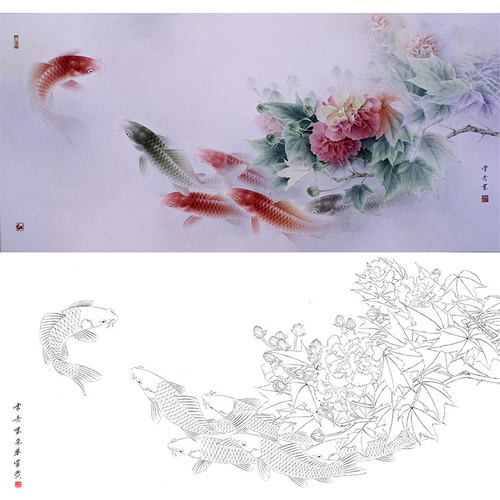 工笔画白描底稿实物勾线打印稿龚雪青芙蓉鲤鱼XQ66