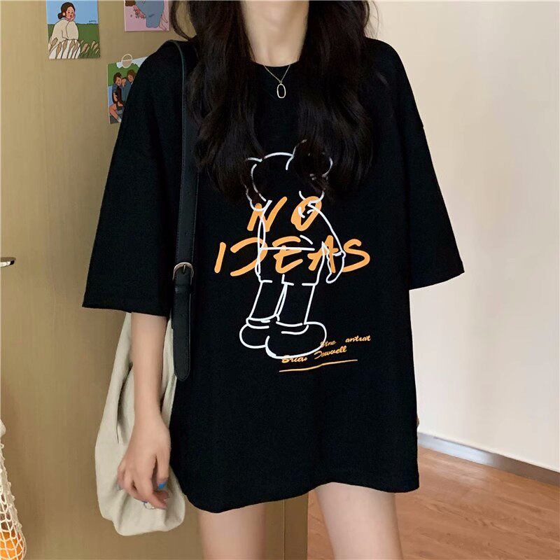 欧洲站黑色时尚短袖中长款t恤女2023新款夏季潮纯棉宽松大码上衣