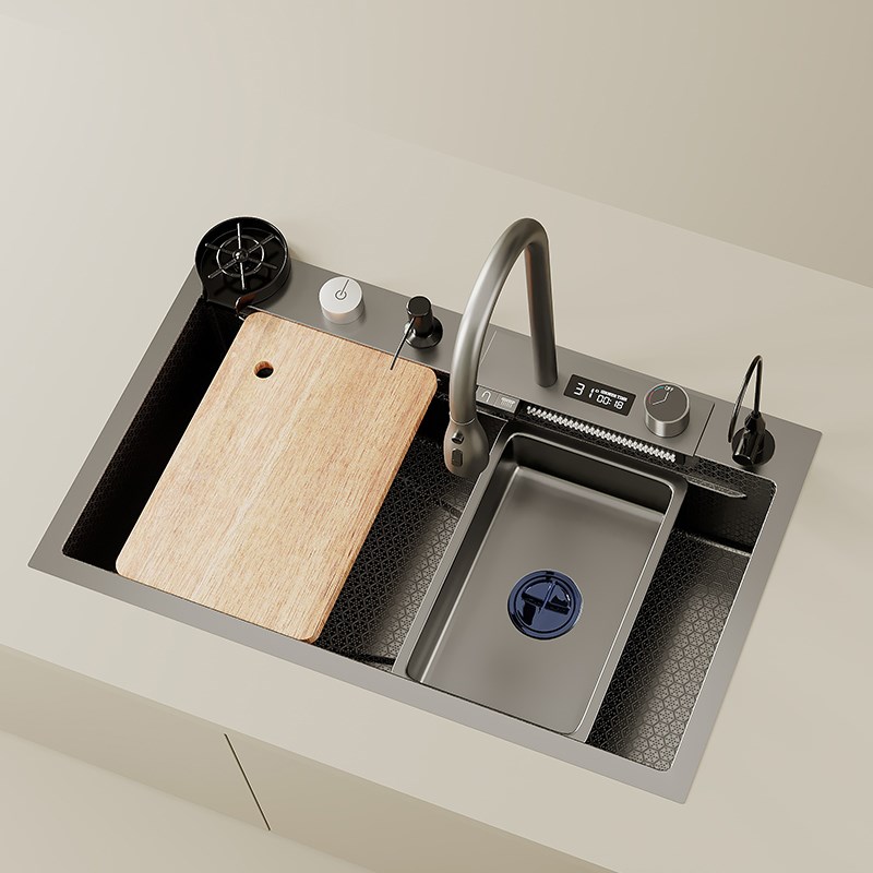 飞雨瀑布水槽大单槽304不锈钢加厚家用厨房刀架手工洗菜盆洗碗池