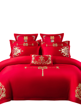 新中式大红色床裙款婚庆四件套纯棉全棉被套结婚陪嫁床单床上用品