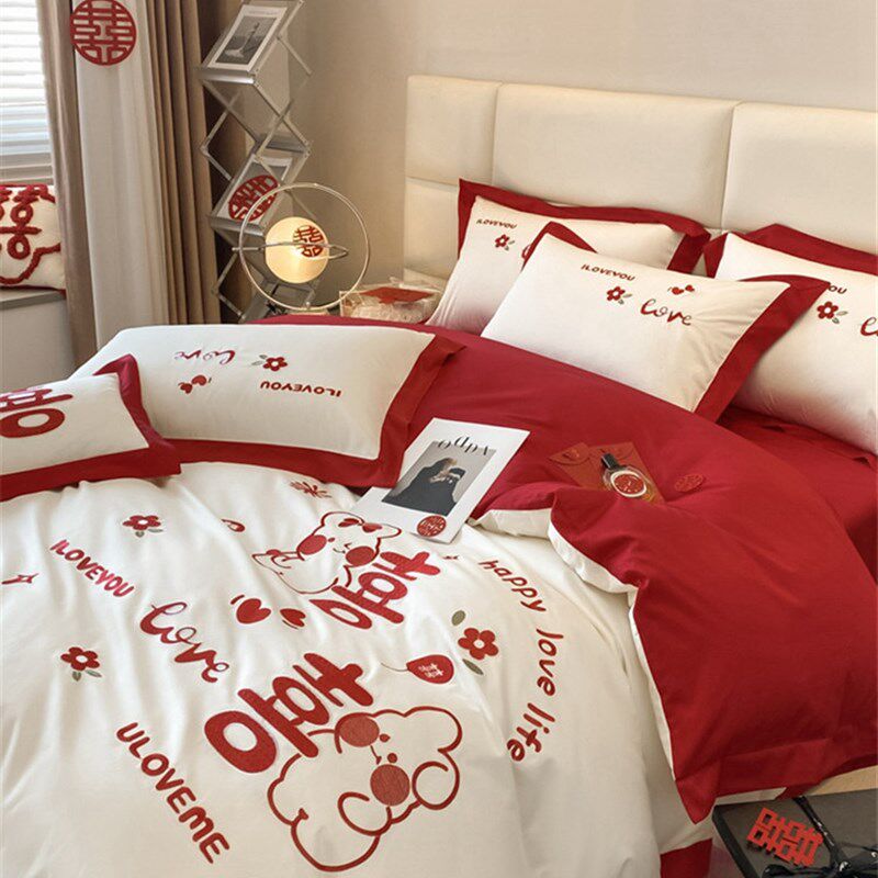 可爱全棉兔年结婚四件套婚床上用品红色刺绣被套婚庆喜被婚嫁