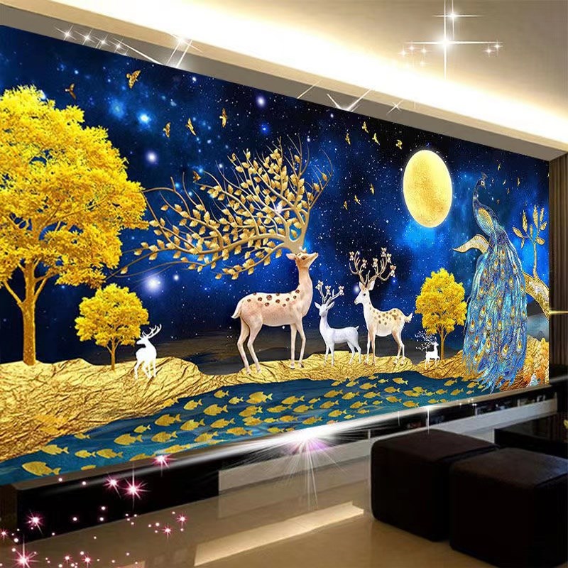 2024新款5D钻石画满钻客厅风景画发财鹿麋鹿孔雀十字绣点钻钻石绣