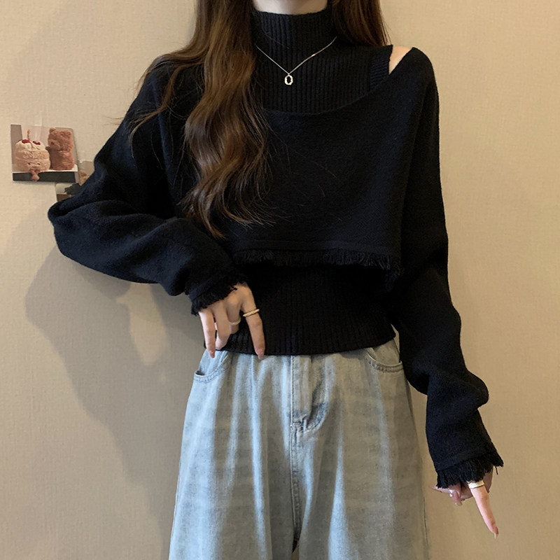 工厂销白色半高领针织打底衫女早春内搭短款假两件V大朗毛衣义乌