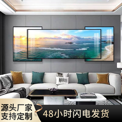 客厅沙发背景墙挂画可定制山水壁画简约大气三联画叠加晶瓷装饰画