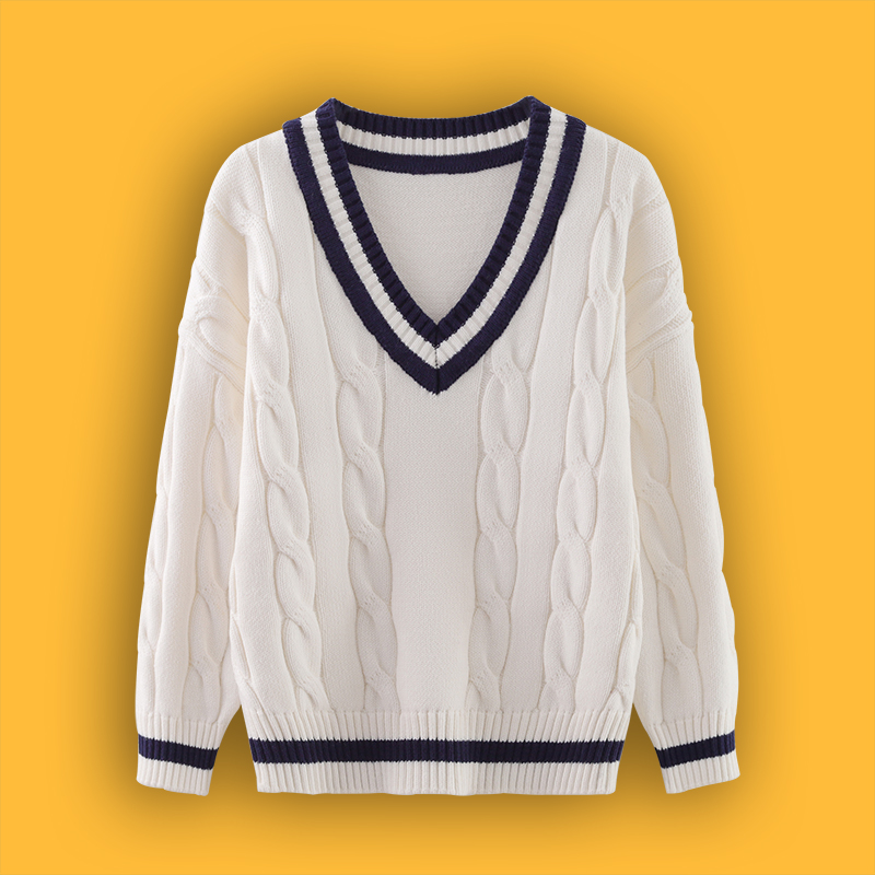v领毛衣女童儿童低领线衣白色学院风大童纯棉Q上衣男童套头针织衫