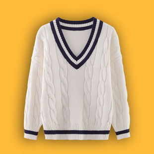 v领毛衣女童儿童低领线衣白色学院风大童纯棉Q上衣男童套头针织衫