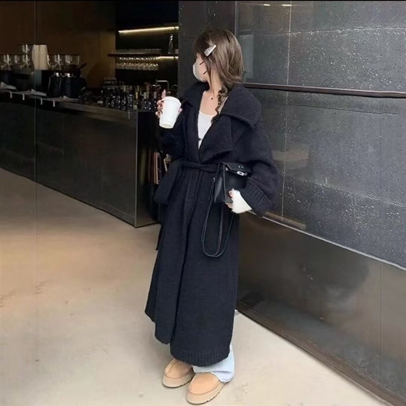 高级感大翻领毛衣开衫外套女秋冬新款中长款慵懒风宽松大衣针织衫