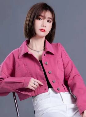 玫红色牛仔外套女2023年w新款春秋小众彩色高腰牛仔上衣小个子短