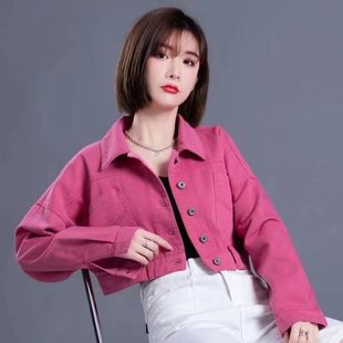 玫红色牛仔外套女2023年w新款春秋小众彩色高腰牛仔上衣小个子短