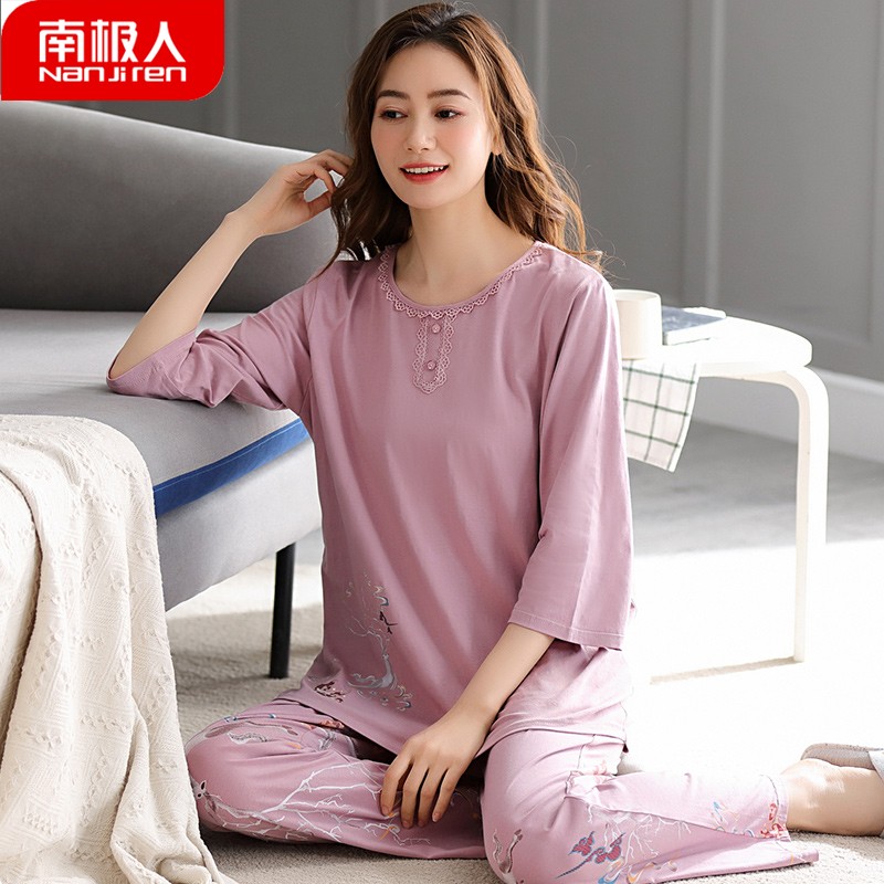 猫人春秋季七分袖睡衣女t款纯棉中袖长裤中年妈妈夏季中老年人套
