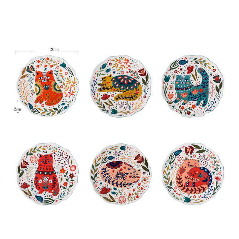 8 Inch Nordic Creative Cartoon Hand Painted Cat Plate Cerami