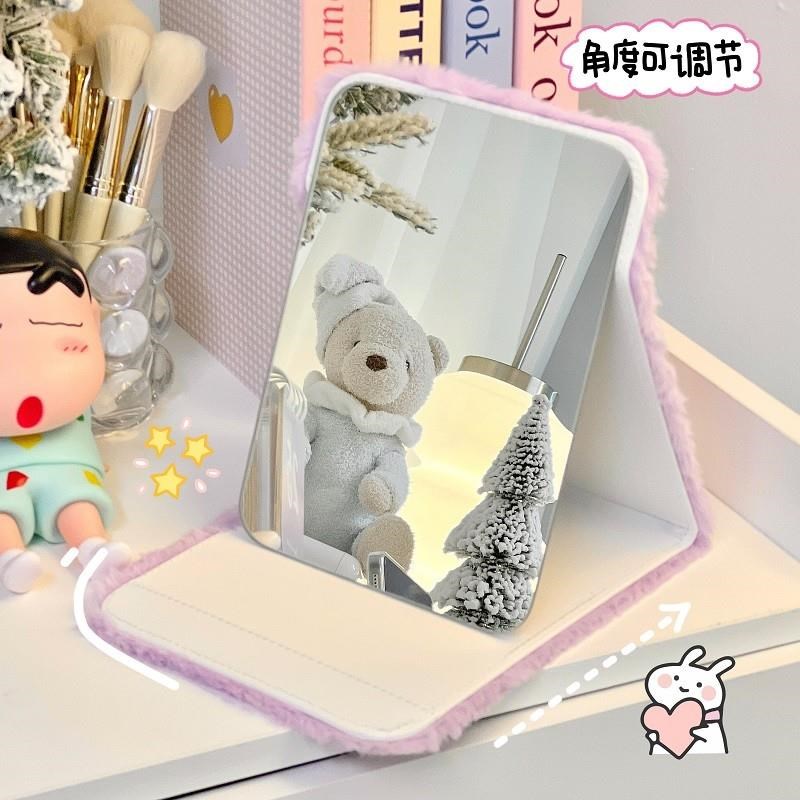 毛绒小镜子便携化妆镜折叠女随身携带宿舍桌面手持旅行办公室台式
